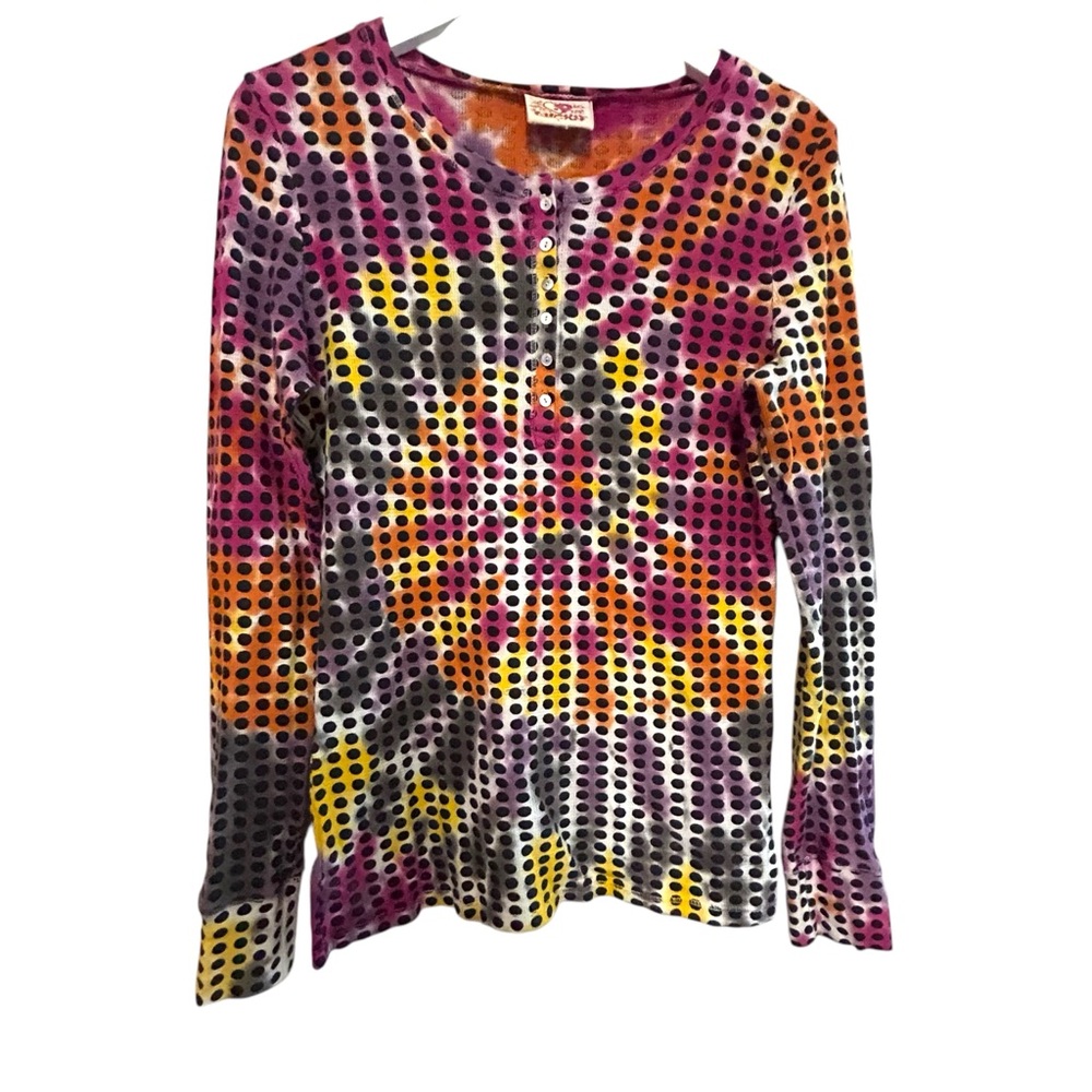 Lucky brand L waffle henley shirt‎ tie dye polka dot Y2K boho hippie made In USA